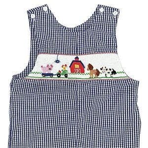 Anavini Hand Smocked Gingham Plaid‎ Overalls Barnyard Animals Farm Blue 24M
